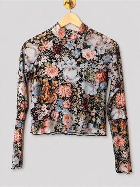 Floral Mesh Mock Neck Long Sleeve Top | Sheer Layering Shirt | Cottagecore Boho